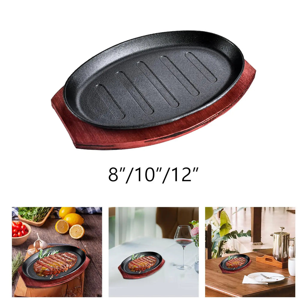 Steak Fry Plate with Bamboo Tray BBQ Grilling Pan Hot Plate Sizzling Steak Plate Set for Home Induction Cookware Stovetops