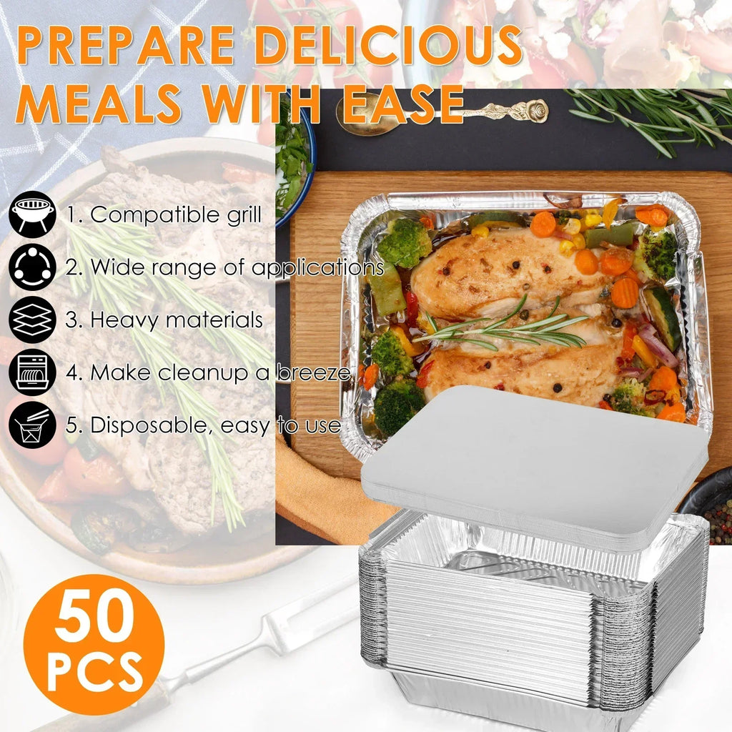 50/100pcs Aluminum Foil Trays with Lids Non-Stick Baking Pans Food Grade BBQ Bowl for Air Fryer Oven Baking Cooking Kitchen Tool
